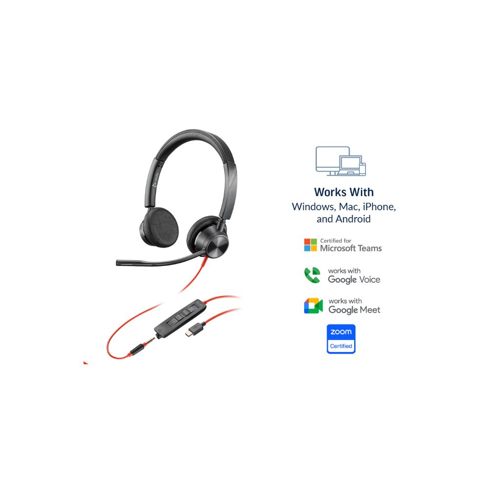 Poly Blackwire 3325 Wired Stereo Microsoft Teams Certified USB-C Headset with Noise-Cancelling Microphones + 3.5 mm Plug + USB-C/A Adapter (8X222AA)